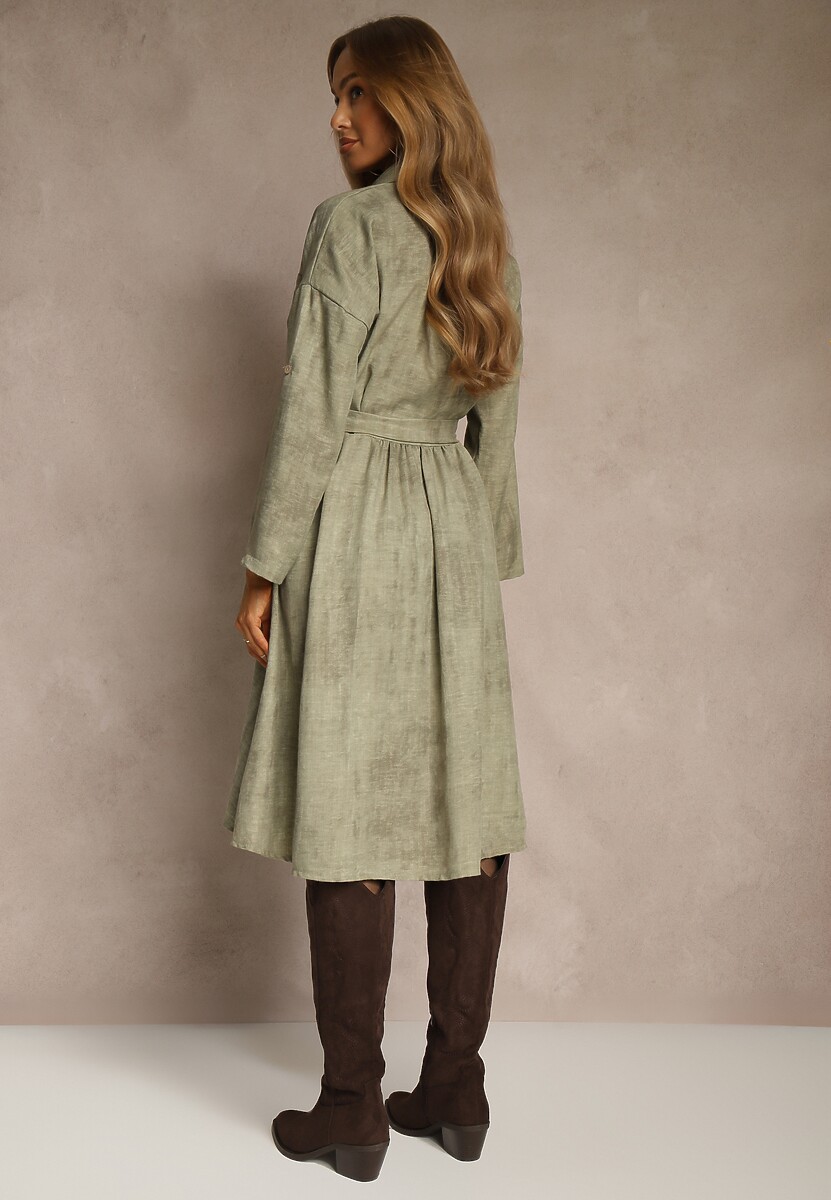 Zielona Sukienka Koszulowa z Paskiem z Klamrą i Kieszonką Parmio