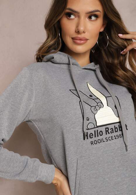Szara Bluza z Kapturem i Ozdobnym Nadrukiem Kliorre