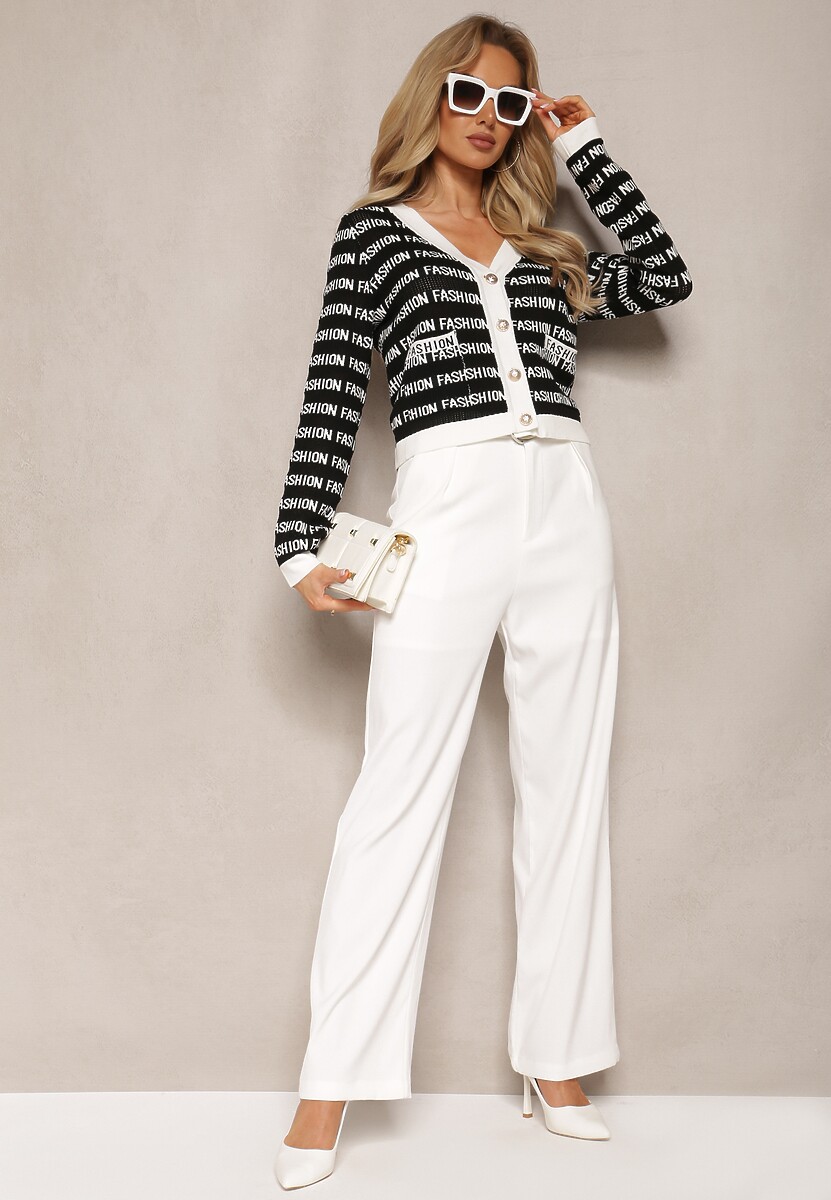 Czarno-Biały Krótki Kardigan z Napisami Fashion i Guzikami Winifa