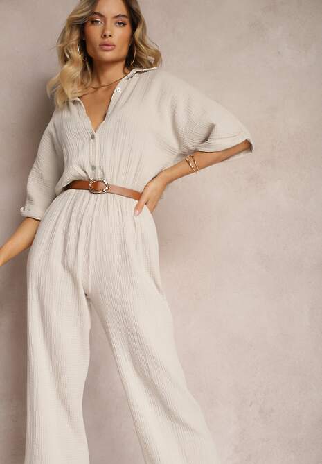 Beżowy Taliowany Kombinezon z Bawełny Góra w Formie Koszuli oraz Luźne Spodnie Namsorin