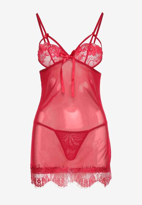 Czerwony Komplet Piżamowy z Siateczki Koszula Nocna Szlafrok Stringi Liamara