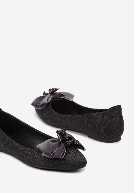Czarne Brokatowe Balerinki na Płaskiej Podeszwie z Kokardą Lotisha