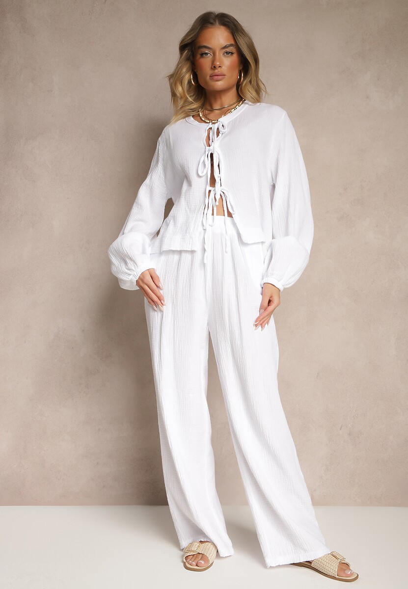 Czarny Komplet z Bawełny Wiązana Bluzka i Szerokie Spodnie Palanniela