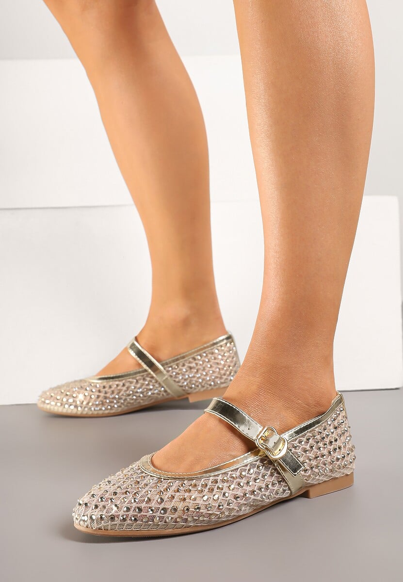 Złote Balerinki z Siateczkową Cholewką z Cyrkoniami Adislena