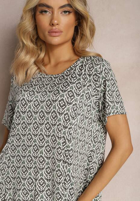 Zielona Wiskozowa Sukienka o Rozkloszowanym Fasonie z Ornamentalnym Wzorem Jasminas