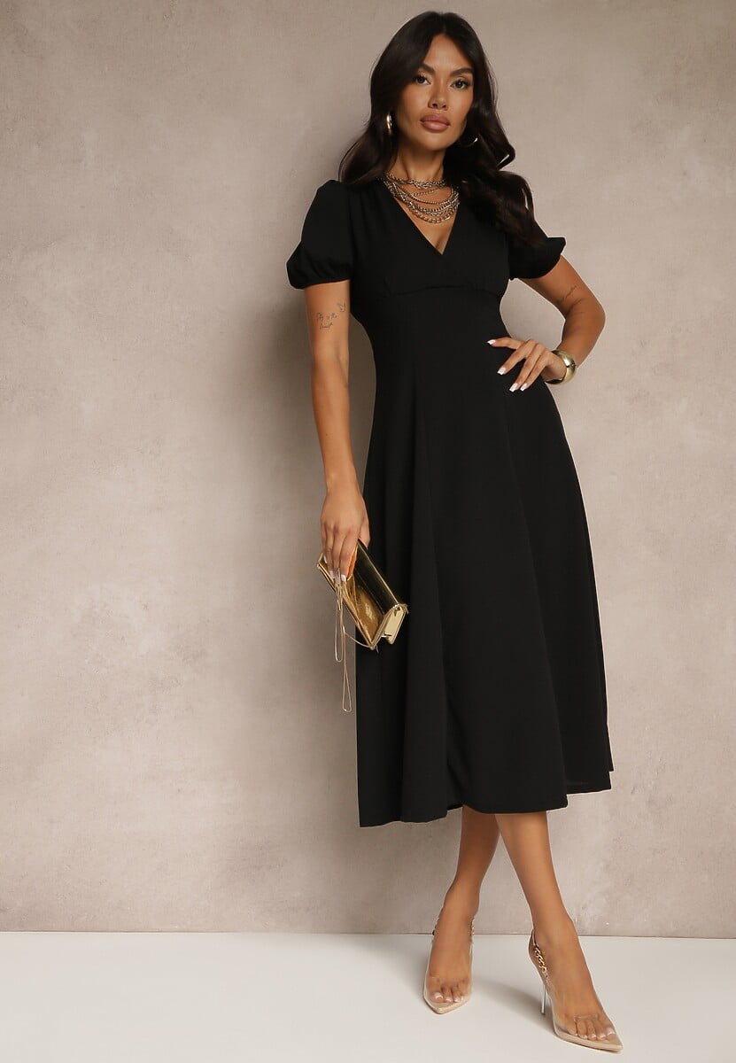 Czarna Rozkloszowana Sukienka Koktajlowa Ozdobiona Wiązaniem Ziverine