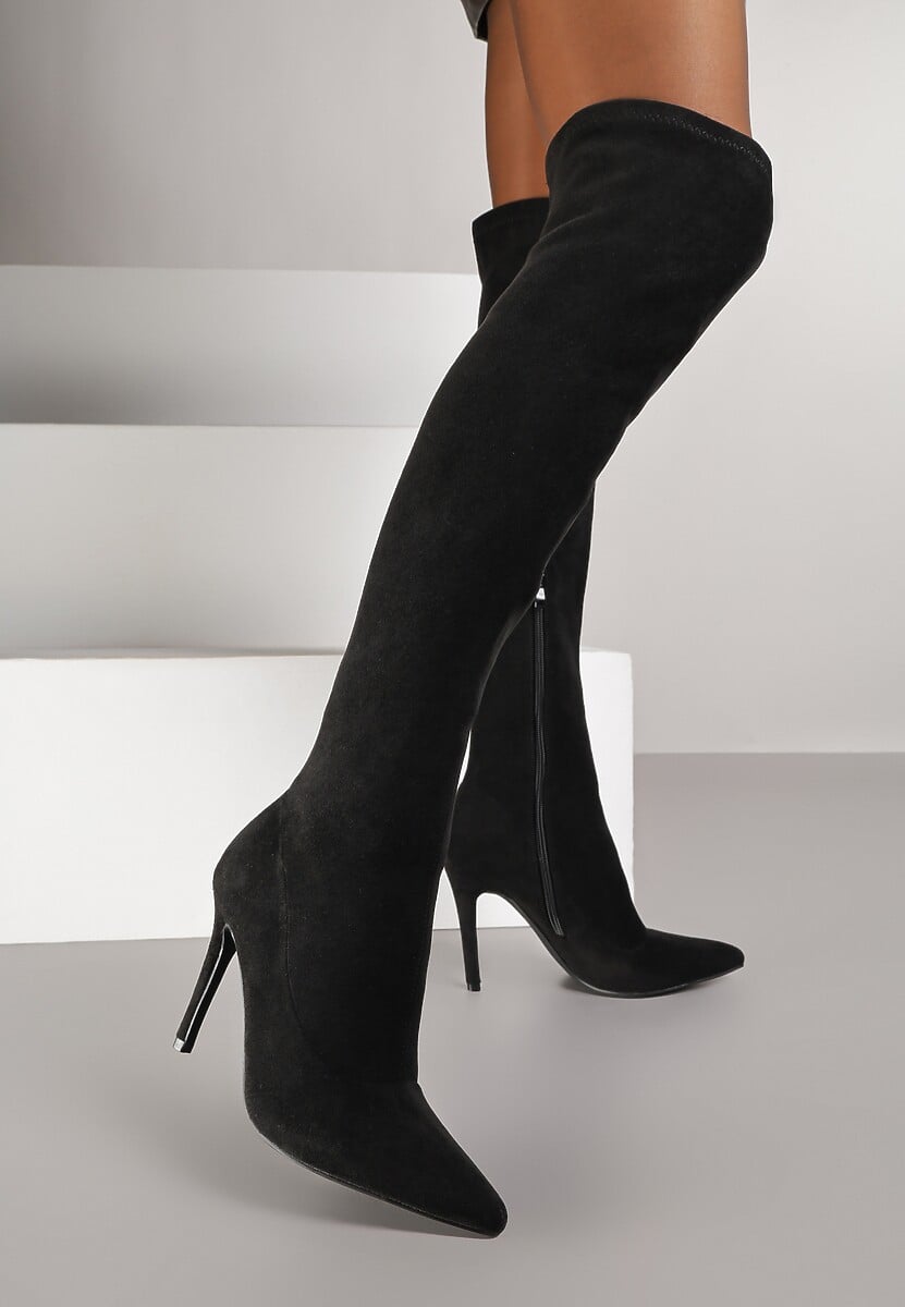 Czarne Kozaki Vices na Szpilce z Marszczoną Cholewką Calavelie