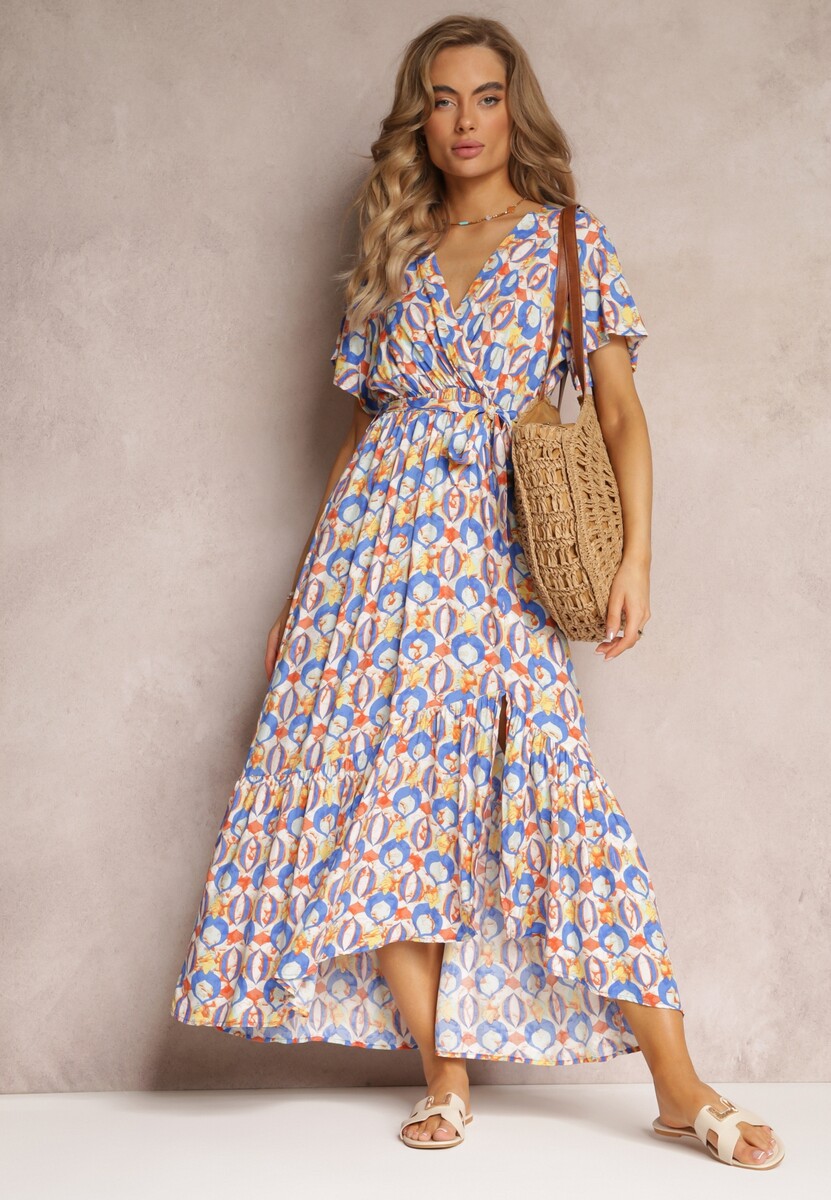 Niebieska Sukienka z Wiskozy i Kopertowym Dekoltem w Fantazyjny Print Abai