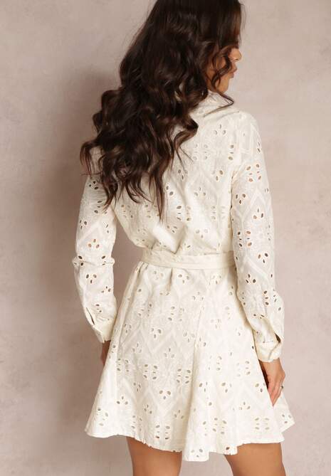 Beżowa Koszulowa Sukienka Ażurowa z Wiązanym Paskiem Faeyela