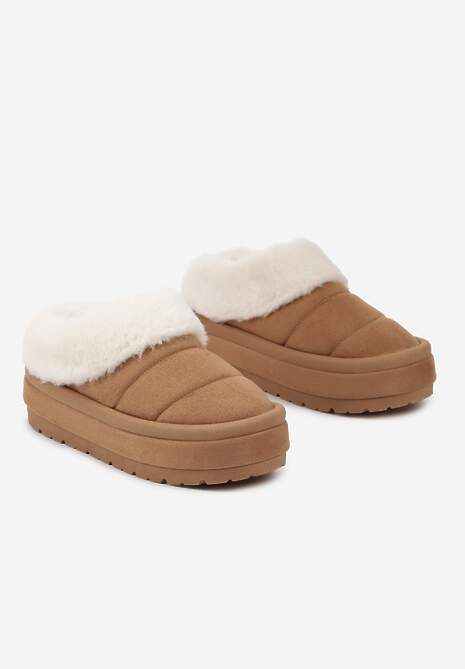 Jasnobrązowe Niskie Śniegowce Ekozamszowe na Platformie z Pikowaniem i Futerkiem Realira