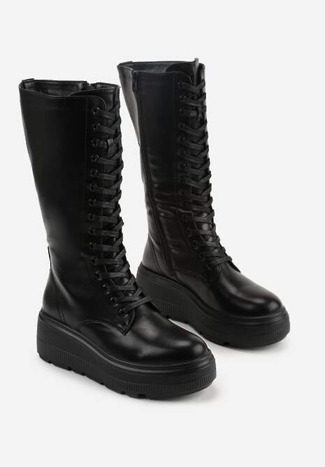 Czarne Kozaki Grunge na Platformie ze Sznurowaną Cholewką Ilomare