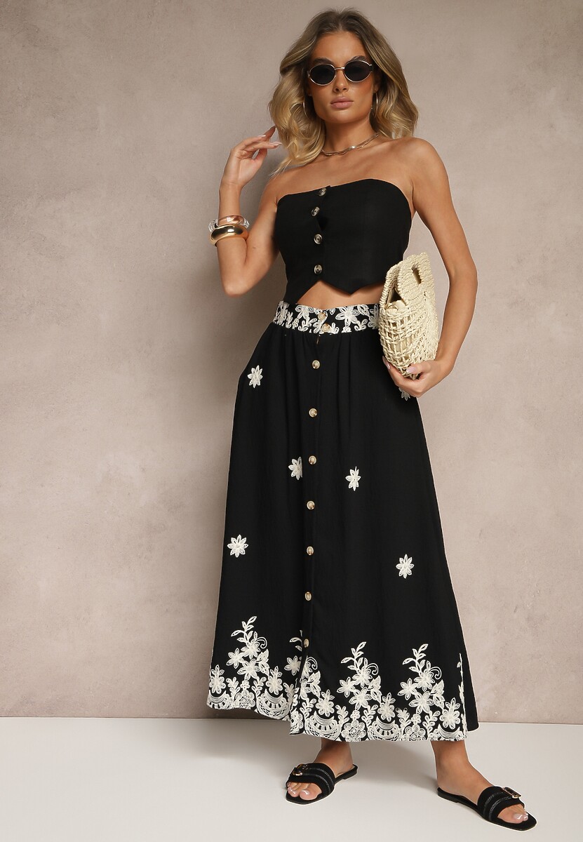 Czarna Rozkloszowana Spódnica z Lnu i Wiskozy Zdobiona Haftem i Guzikami Redira