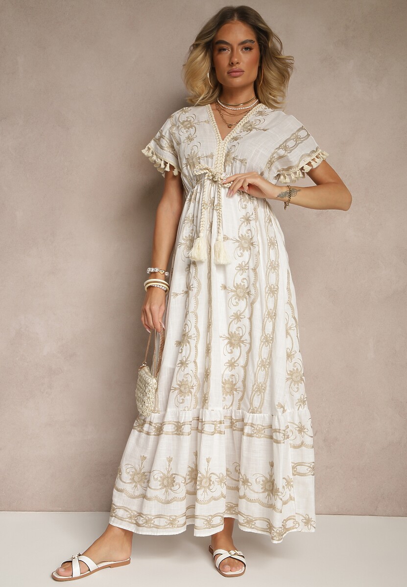 Biała Rozkloszowana Sukienka Boho z Bawełny z Chwostami Haftami i Metaliczną Nicią Divirna