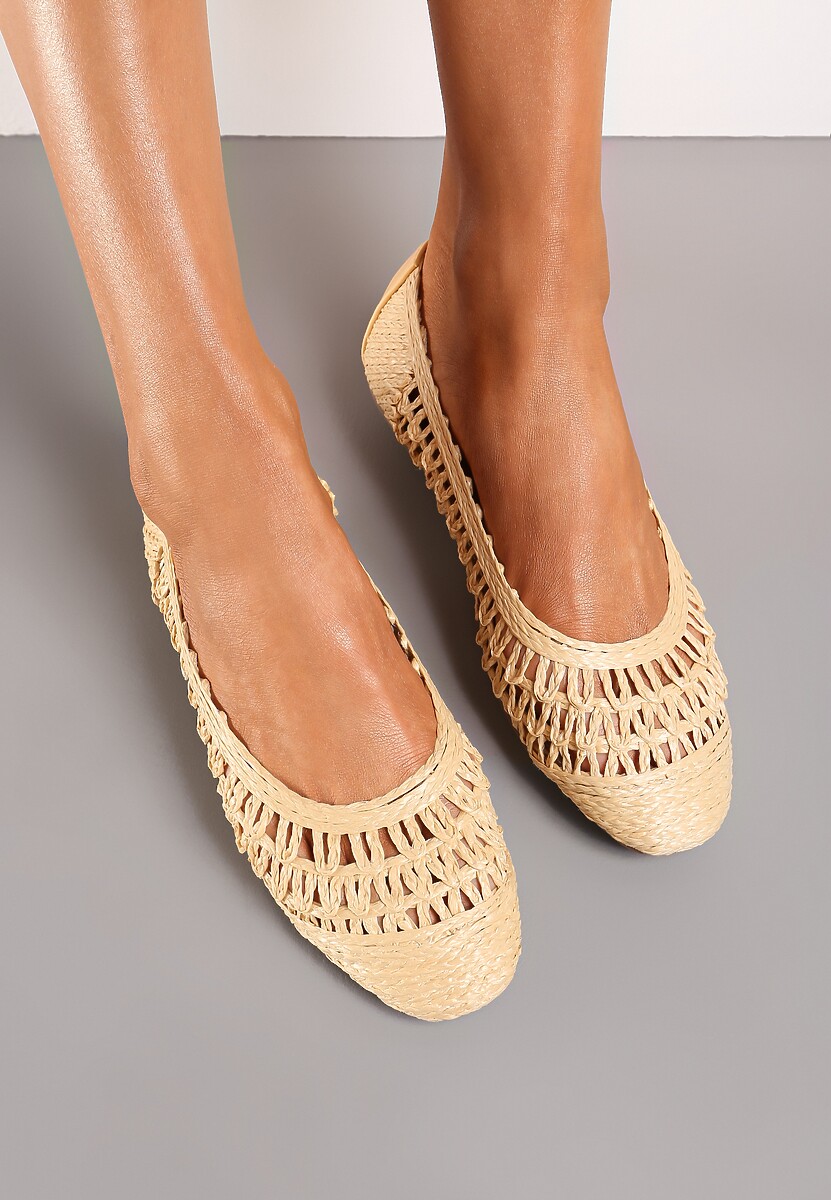 Złote Płaskie Balerinki z Imitacji Skóry o Ażurowym Wykończeniu Yines