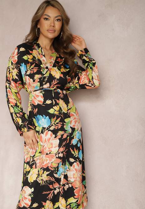 Czarno-Różowa Kopertowa Sukienka z Kwiecistym Printem Aleratoa