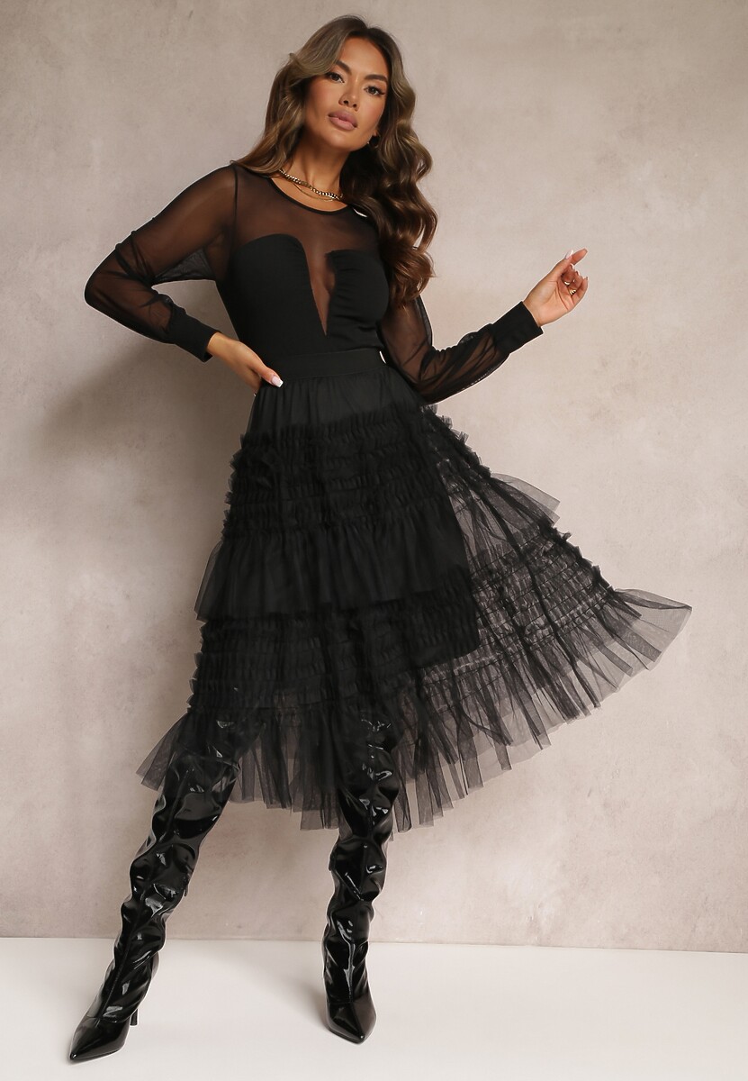 Czarna Spódnica Rozkloszowana z Falbankami i Siateczką Solowai