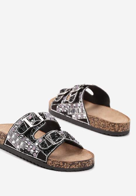 Czarne Płaskie Klapki z Imitacji Skóry z Klamrami Ozdobione Cyrkoniami i Kamykami Allenda