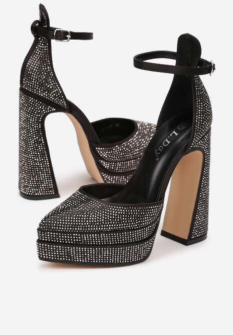 Czarne Sandały w Cyrkonie na Platformie i Słupku Irmeli