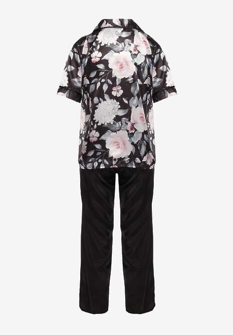 Czarny Komplet Piżamowy z Satynowego Materiału Koszula na Krótki Rękaw i Długie Spodnie Eneserea