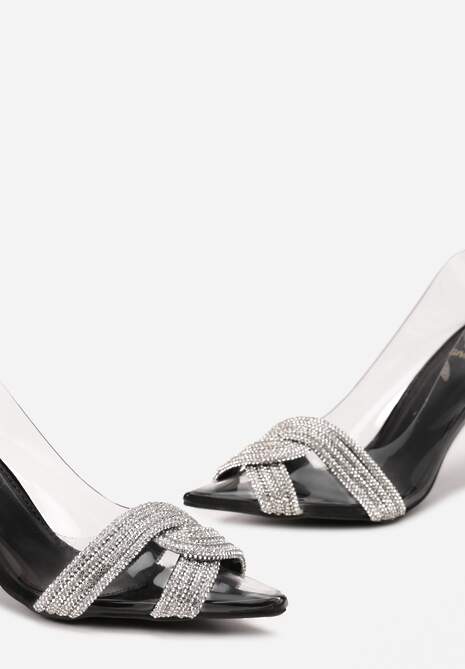 Czarne Szpilki z Transparentnym Noskiem i Paskami w Cyrkonie Gilena