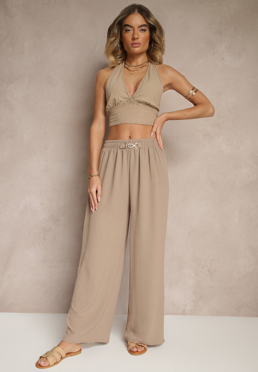 Ciemnobeżowe Spodnie z Bawełną o Szerokim Kroju Ozdobione Klamrą Reionis