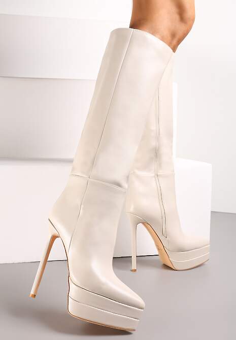 Beżowe Kozaki przed Kolano na Platformie i Szpilce Hezoppe