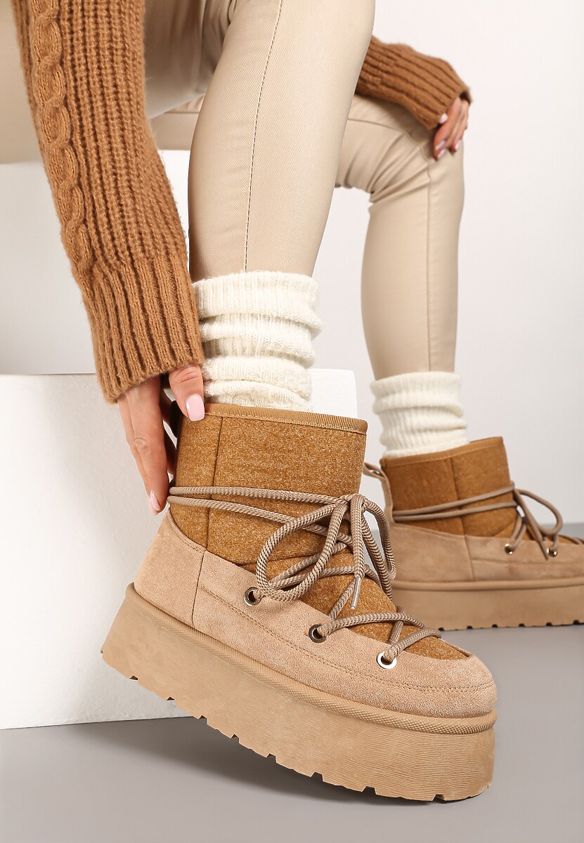 Ciemnobeżowe Śniegowce na Platformie ze Sznurowaniem Werilina