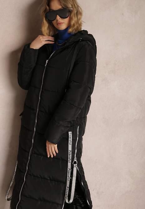 Czarna Kurtka Długa Pikowana z Kapturem Colpids