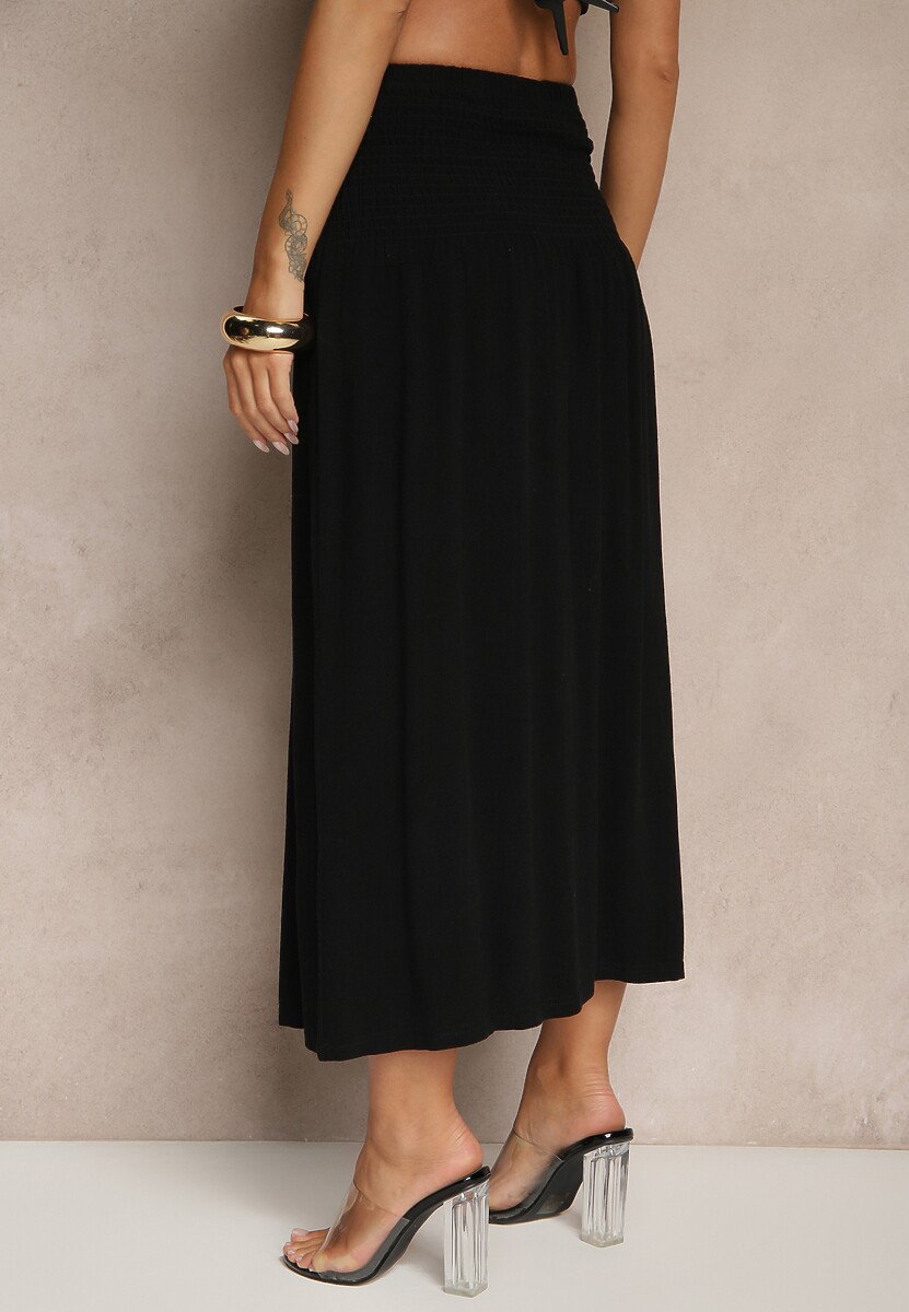 Czarna Spódnica z Wiskozą i Lnem High Waist o Rozkloszowanym Kroju Lumerellea