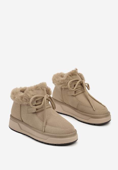 Ciemnobeżowe Mocno Ocieplane Śniegowce ze Sznurowaną Cholewką Obszytą Futrem Sintetta