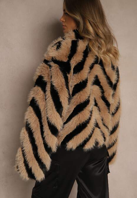 Brązowo-Czarna Kurtka Futerko Zdobiona Wzorem w Paski Alindde