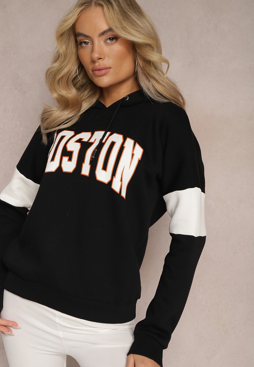 Czarna Bawełniana Bluza z Kapturem w Amerykańskim Stylu z Napisem i Polarem Iocaste