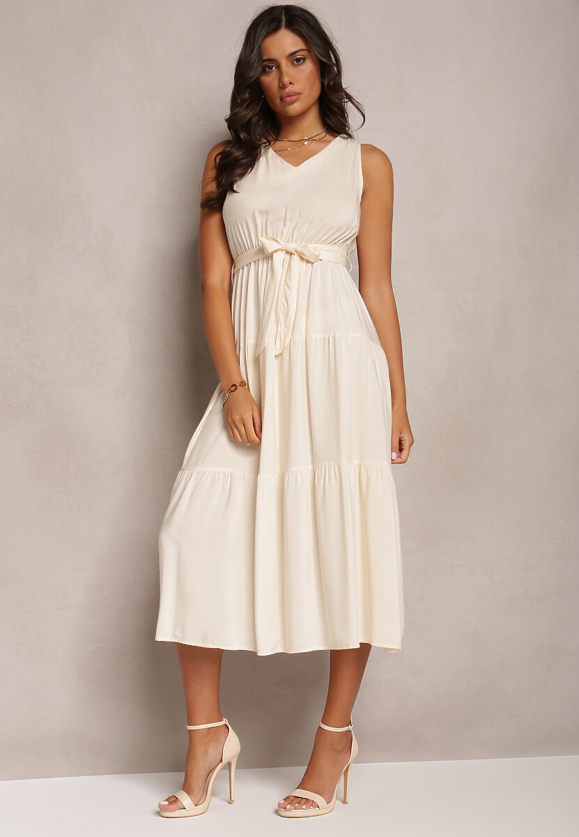 Beżowa Wiązana Sukienka Midi bez Rękawów z Gumką w Talii Mideyo