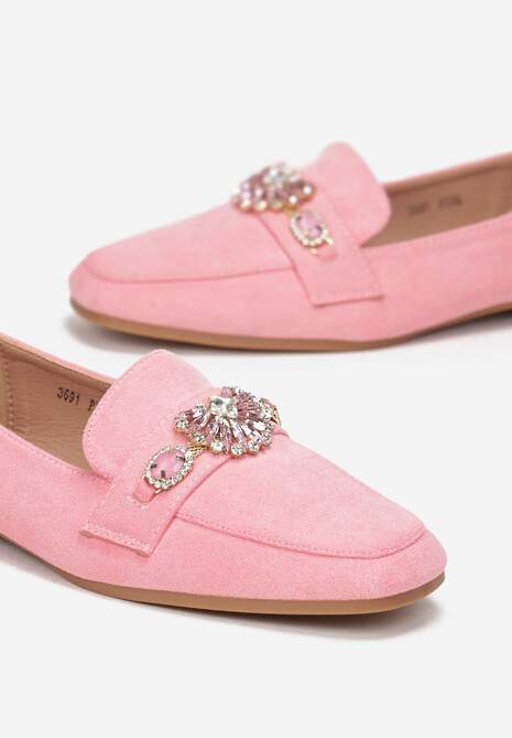 Różowe Mokasyny z Kwadratowym Noskiem i Ozdobą z Cyrkonii Henei