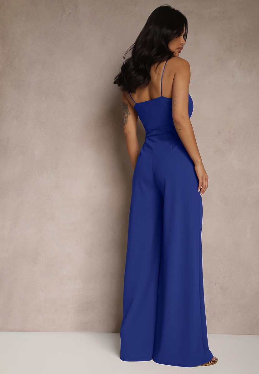 Niebieski Kombinezon na Cienkich Ramiączkach z Kopertowym Dekoltem i Szerokimi Nogawkami Jovantia