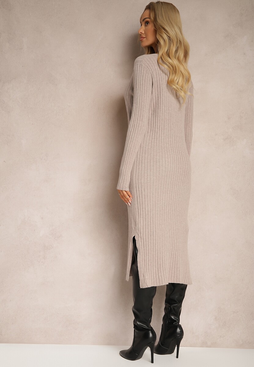 Beżowa Sweterkowa Sukienka z Wiskozą i Wycięciami po Bokach Resila