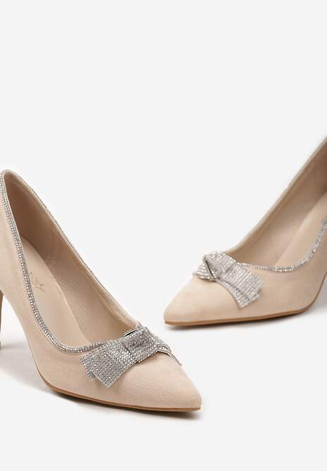 Beżowe Szpilki z Cyrkoniowymi Kokardami ze Szpiczastym Noskiem Crandia