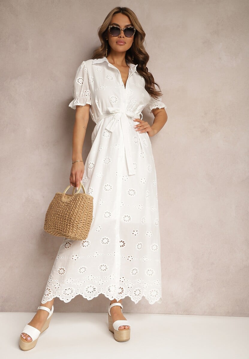Biała Ażurowa Sukienka o Koszulowym Kroju z Haftem i Bufiastymi Rękawami Vianda