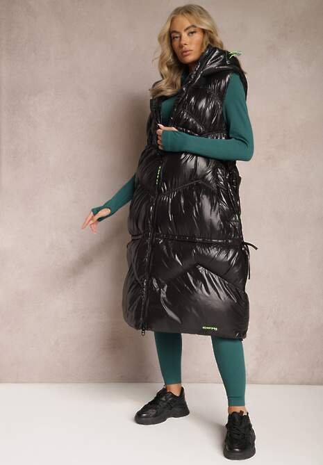 Czarna Długa Kamizelka Pikowana z Kapturem Azalira