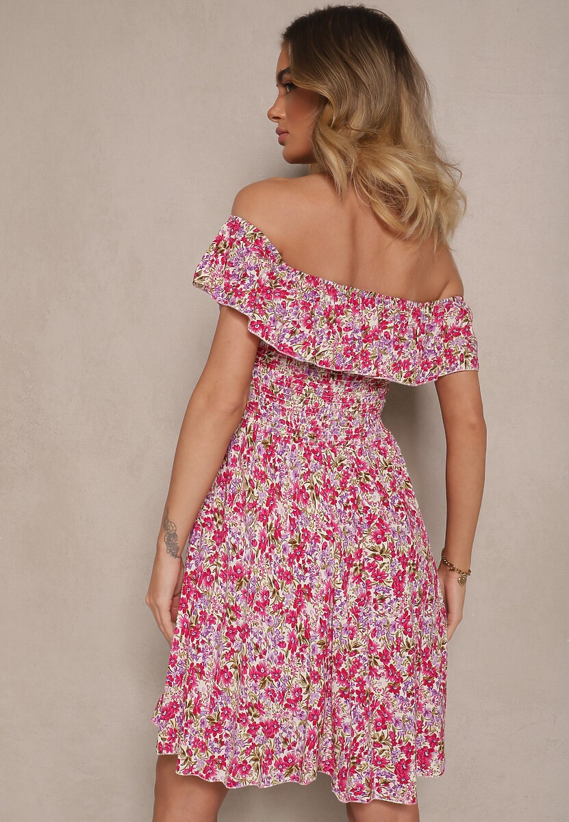 Różowa Bawełniana Sukienka Hiszpanka  w Kwiaty z Falbankami Nairavie