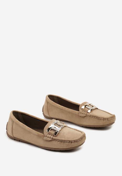 Ciemnobeżowe Płaskie Mokasyny z Ekozamszu Ozdobione Klamrą z Cyrkoniami Tailer