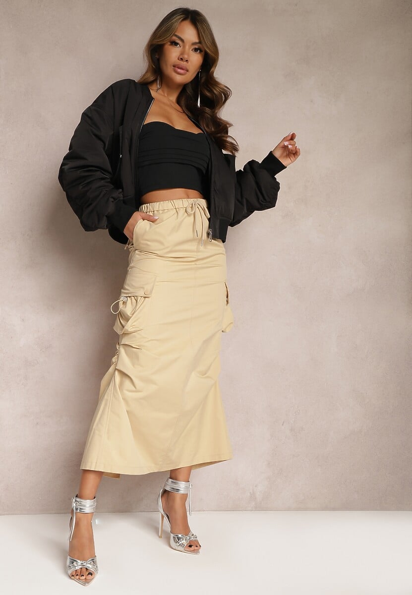 Beżowa Marszczona Spódnica Midi w Stylu Cargo z Gumką w Talii Gacieam