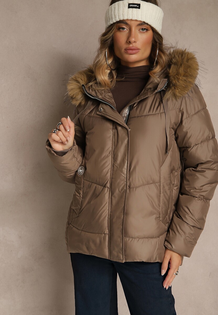 Ciemnozielona Trapezowa Kurtka z Pikowanymi Przeszyciami i Kapturem z Futerkiem Lanittia