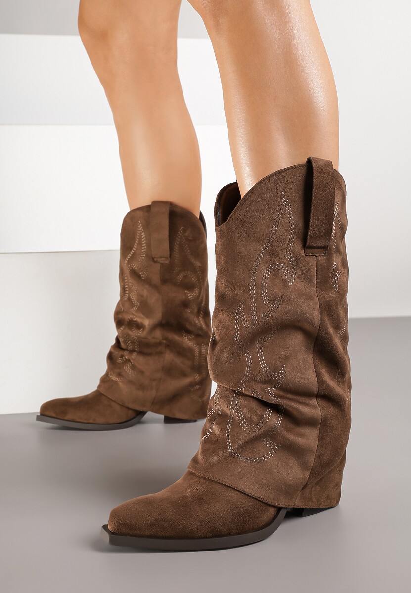 Brązowe Botki Kowbojki z Cholewką Imitującą Nogawkę Zellaxie