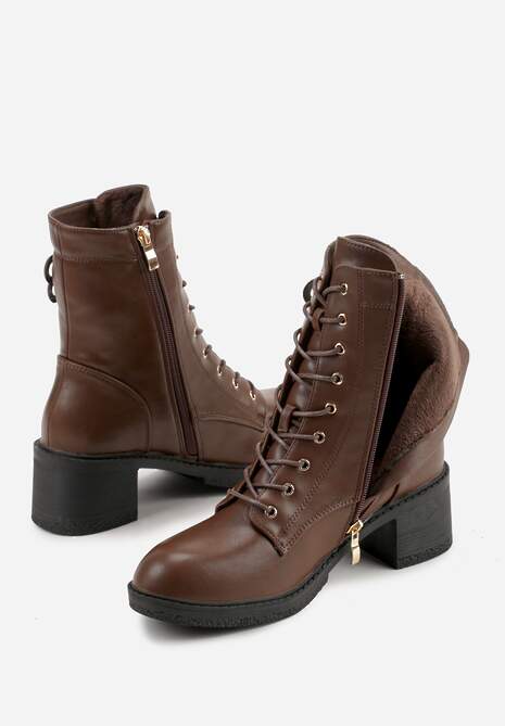 Brązowe Botki Vices o Fasonie Trzewików na Słupku Zdobione Aplikacją Nuvitte