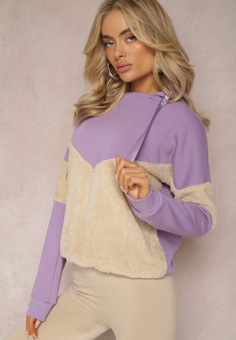Jasnofioletowa Bawełniana Bluza z Kapturem ze Ściągaczami i Polarem Eurynia