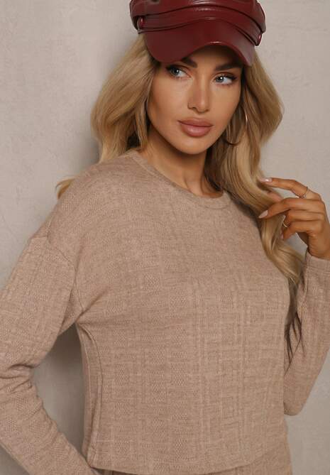 Ciemnobeżowy Dzianinowy Komplet z Wiskozą Bluzka i Spódnica Ozdobiona Rozcięciem Ilirina
