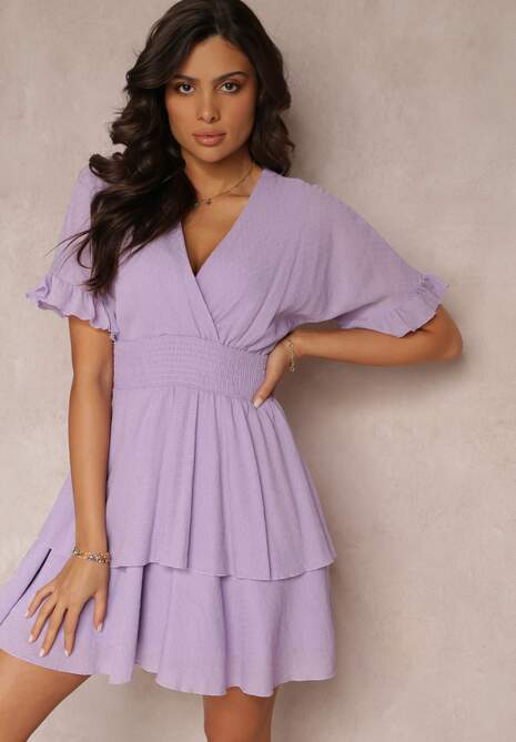 Fioletowa Zwiewna Sukienka Mini z Falbankami i Szeroką Gumką w Talii Olleanne