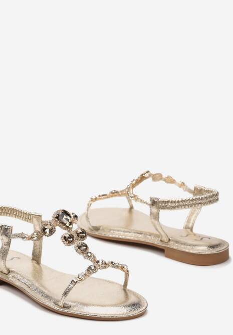 Złote Płaskie Sandały z Błyszczącymi Kryształkami na Transparentnych Paskach Drinea