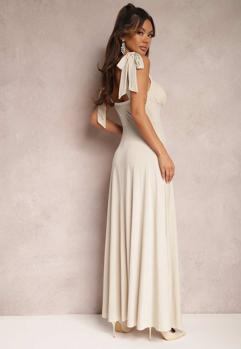 Beżowa Długa Sukienka z Marszczonym Dekoltem i Wiązanymi Ramiączkami Rozvita